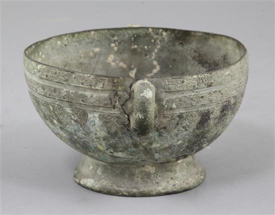 A Chinese archaic bronze ritual steaming vessel, Zeng, Warring States period, 5th-2nd century B.C., 17cm wide, holes and repair